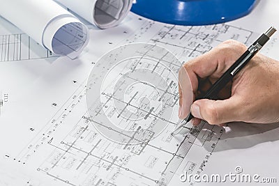 Engineering diagram blueprint paper drafting project sketch Stock Photo