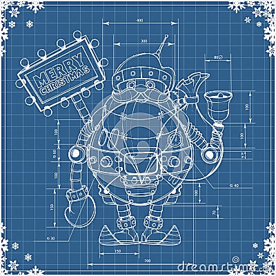 Engineering drawing robot santa on blue paper Vector Illustration