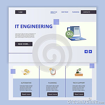 IT engineering flat landing page website template. Automative, planning, tech support. Web banner with header, content Vector Illustration