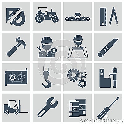 Engineering icon set. Engineer construction equipment machine operator managing and manufacturing icons Cartoon Illustration