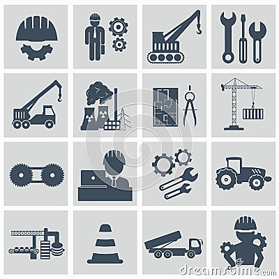 Engineering icon set. Engineer construction equipment machine operator managing and manufacturing icons Cartoon Illustration