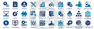 Engineering icon set in flat duotone solid icons web design. Pack pictograms with blueprint, engineer, tools, mechanical Vector Illustration