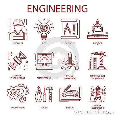 Engineering icons for construction building or plan drawing and energy technology. Vector Illustration