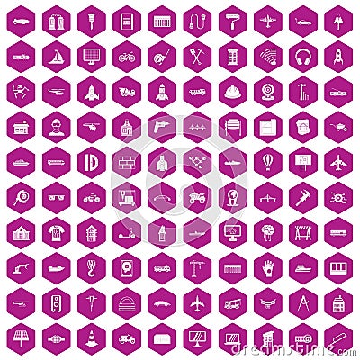 100 engineering icons hexagon violet Vector Illustration