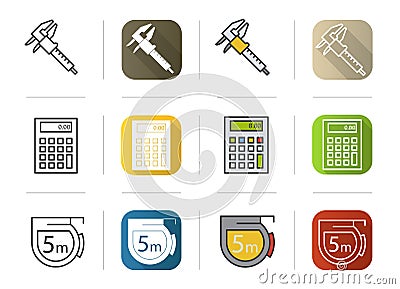 Engineering icons set. Flat design, linear and color styles. Caliper, calculator, measuring tape symbol. Isolated vector Vector Illustration