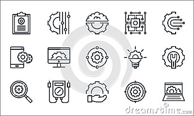 Engineering line icons. linear set. quality vector line set such as engineering, engineering, search, target, monitoring, settings Vector Illustration