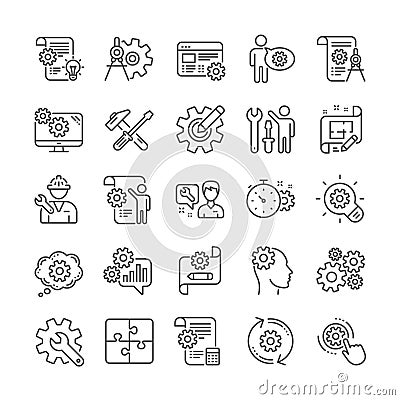 Engineering line icons. Set of Idea bulb, Dividers tool and Blueprint icons. Vector Vector Illustration