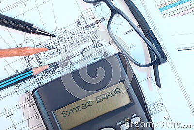 Engineering drawing, eyeglasses, pencil, pen and calculator showing syntax error message. Stock Photo