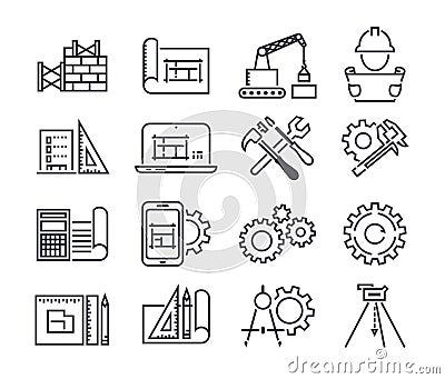 Engineering and manufacturing vector icon set in thin line style Vector Illustration