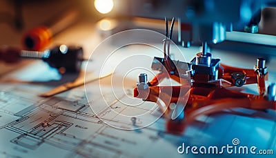 Engineering office printing wide design blueprints with generative ai on large format plotter Stock Photo