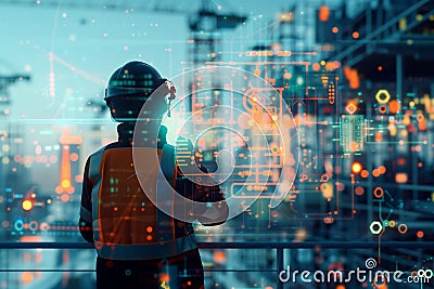 Engineering planning Visualization architectural blueprint wireframe building representing futuristic digital network connecting Stock Photo