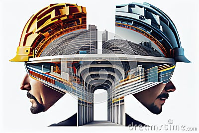 engineering portrait engineer wearing helmet with wondrous double exposure Stock Photo