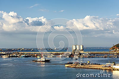 Engineering shipping crane depot at logistic export terminal control. Warehouse freight background container yard loading quayside Stock Photo