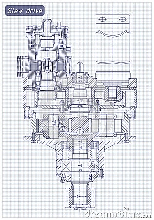 Engineering sketch. Slew drive. Vector Illustration