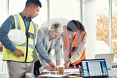 Engineering, teamwork and meeting with people in office for construction, designer and building. Collaboration, review Stock Photo