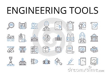 Engineering tools line icons collection. Scientific equipment, Technology devices, Computing machinery, Manufacturing Vector Illustration