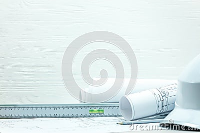 Engineering tools, project drawings and blueprints, protective h Stock Photo