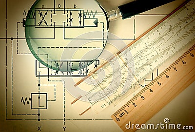 engineering tools on technical drawing Stock Photo