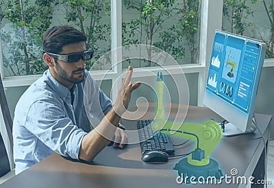 Engineering use augmented mixed virtual reality integrate artificial intelligence combine deep, machine learning, digital twin, 5G Stock Photo