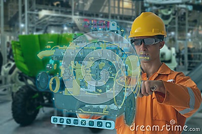 Engineering use augmented mixed virtual reality integrate artificial intelligence combine deep, machine learning, digital twin, 5G Stock Photo