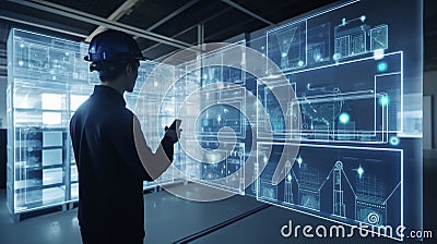 Engineering use augmented mixed virtual reality integrate artificial intelligence combine deep, machine learning, digital twin, 5G Stock Photo