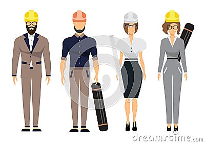 Engineers and architect set with civil engineering construction workers and surveyor flat vector illustration Vector Illustration
