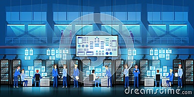 IT engineers in big data center work on new technology government project with server rooms and computers. Vector Illustration