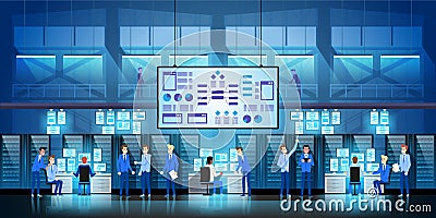 IT engineers in big data center work on new technology government project with server rooms and computers. Vector Illustration