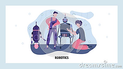 Engineers build and repair robot. Future android robotics technology. Construct a robot in garage. Vector web site Vector Illustration