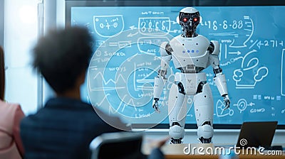 Engineers collaborate on robotics design in a hightech lab with advanced robots AIG62 Stock Photo