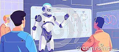 Engineers collaborate on robotics design in a hightech lab with advanced robots AIG62 Stock Photo
