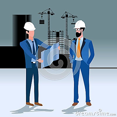 Engineers discuss plans. Two gentlemen outdoor discussion. Construction workers in suit. Building planning. Vector Illustration