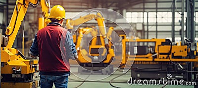 Engineers inspect and manage automatic robotic arms for welding in the automotive manufacturing sector Stock Photo
