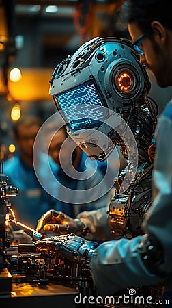 Engineers collaborate to program advanced robot in high-tech workshop setting Stock Photo