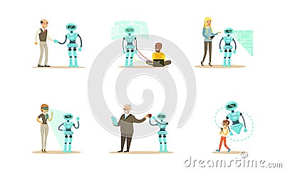 Engineers Making and Programming Robots Set, Robot Designing and Repairing, Artificial Intelligence Technology Cartoon Vector Illustration