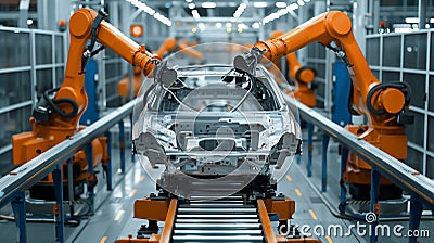 Engineers monitor and control automated robots in smart automotive factories Stock Photo