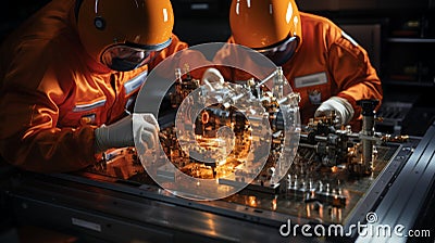 Engineers in spacesuits work on assembling advanced spacecraft components in high-tech facility Stock Photo