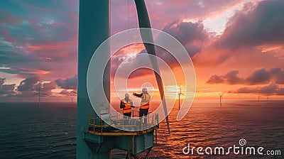 Engineers work on platform at wind turbine in sea, workers perform maintenance of windmill in ocean at sunset. Concept of energy, Stock Photo