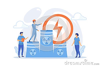 Engineers working at nuclear power plant reactors releasing energy. Nuclear energy, nuclear power plant, sustainable energy source Vector Illustration