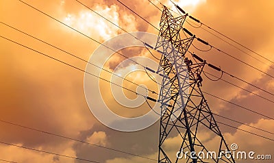 Engineers working on a power electric tower Stock Photo