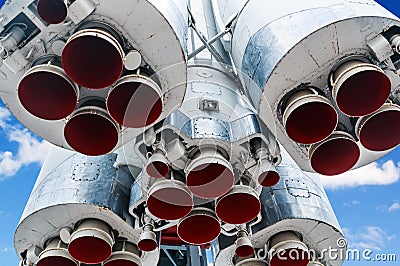 Engines and nozzle Launch vehikle against the sky Editorial Stock Photo