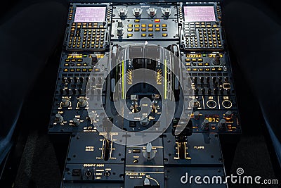 Engines thrust levers and central control panel Stock Photo