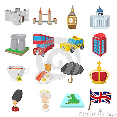 England icons set, cartoon style Vector Illustration