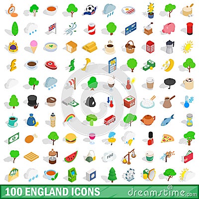 100 england icons set, isometric 3d style Vector Illustration