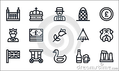 England line icons. linear set. quality vector line set such as stonehenge, swan, union jack, beer, carriage, queen, umbrella, Vector Illustration