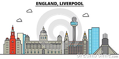 England, Liverpool. City skyline architecture . Editable Vector Illustration