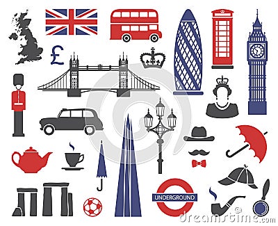 England, London, UK. Collection of flat icons. Vector Illustration