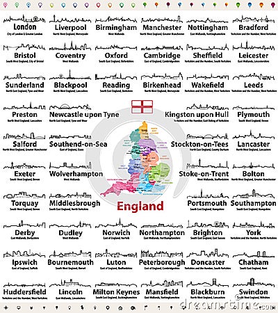 England major cities abstract skylines outline icons. Map of England with all major cities and administrative divisions borders Vector Illustration