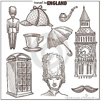 England travel tourism vector sketch symbols Vector Illustration