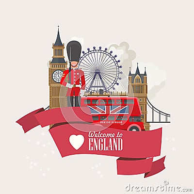England travel vector illustration with London Eye. Vacation in United Kingdom. Great Britain background. Journey to the UK. Vector Illustration